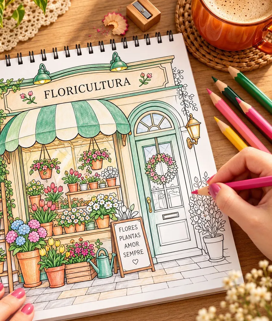 Mão colorindo com lápis rosa a floricultura do livro, com lápis de cor e café ao lado