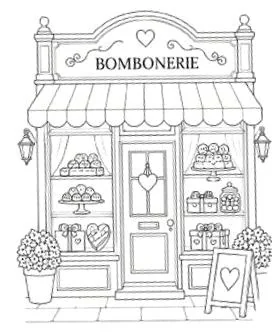 Página do livro em traço: a fachada de uma bombonerie com toldo, vitrines de doces e um cavalete com coração