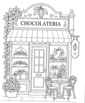 Página do livro em traço: a fachada de uma chocolateria com toldo, vitrine, folhagens e mesinha com cadeiras