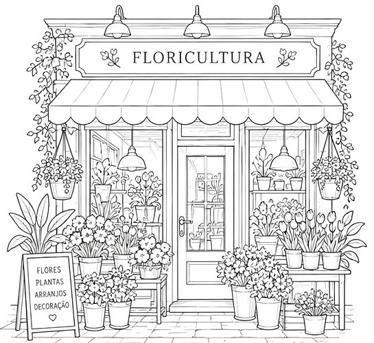 Página do livro em traço: a fachada de uma floricultura com toldo, luminárias, vasos de flores e a placa Flores, Plantas, Arranjos, Decoração